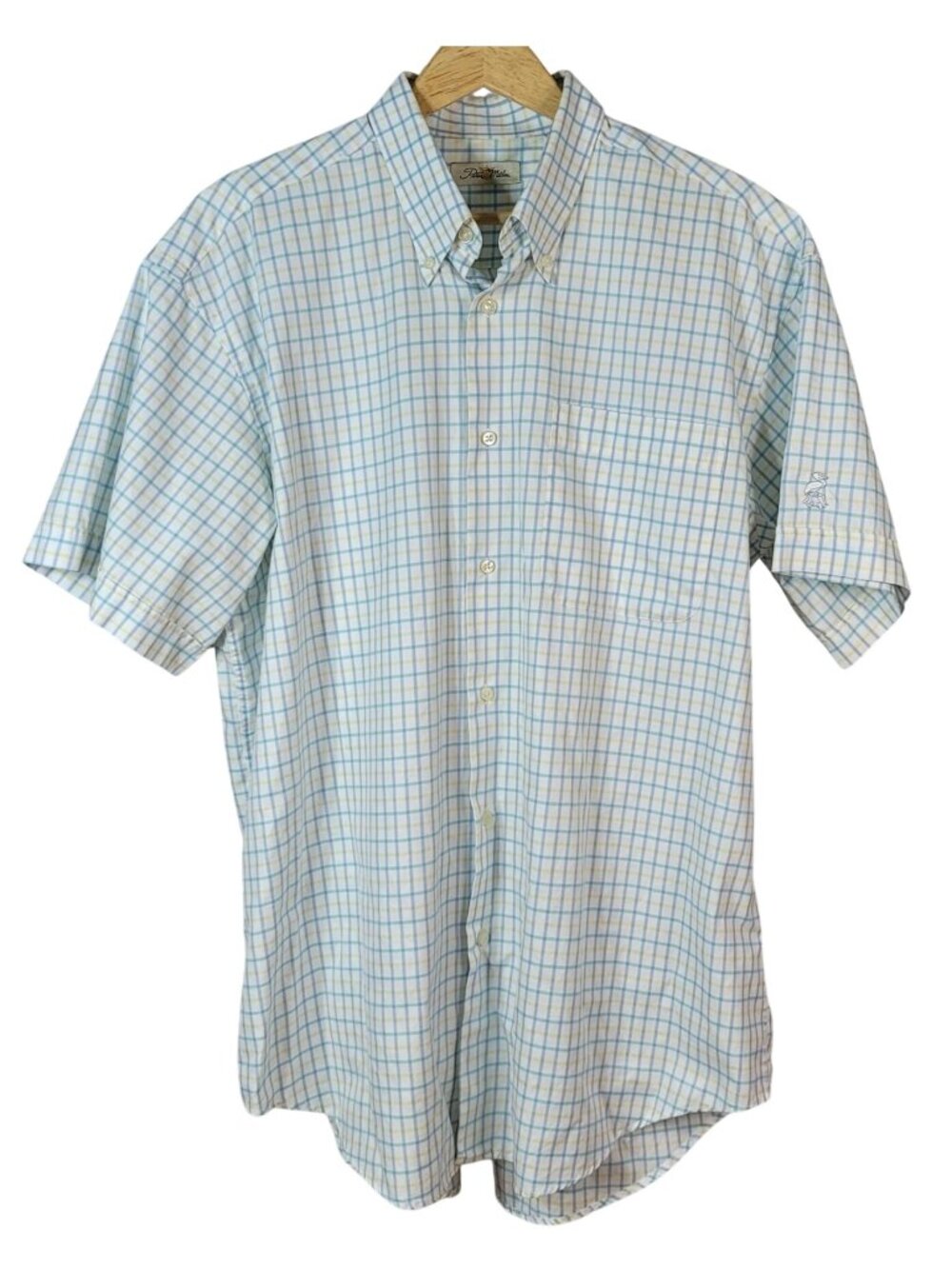 Peter Millar Button Shirt White Large 100% Cotton Short Sleeve Check Pelican